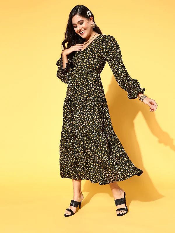 plusS Black  Yellow Floral Print Fit  Flare Round Neck Maxi Dress