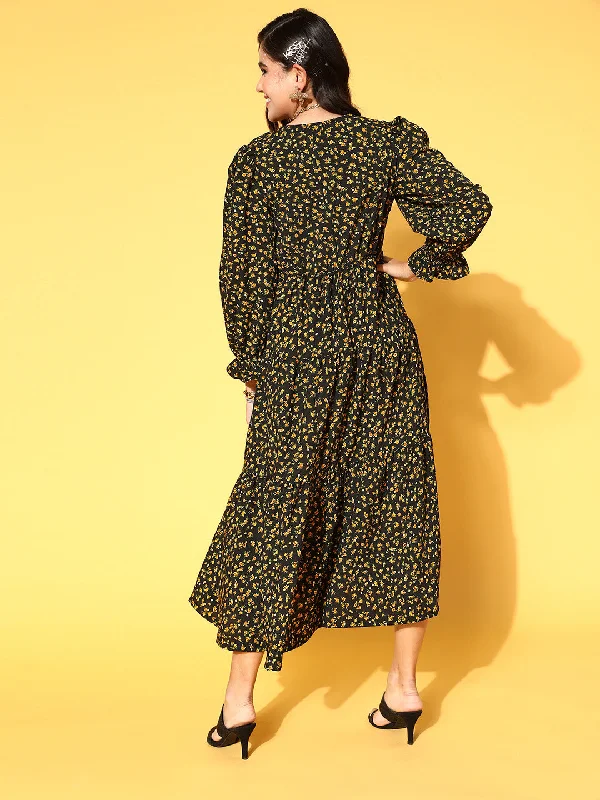 plusS Black  Yellow Floral Print Fit  Flare Round Neck Maxi Dress