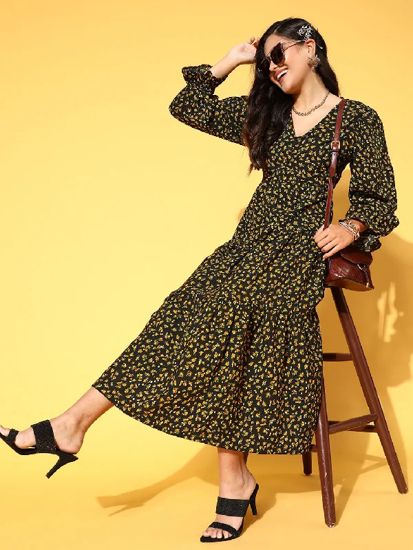 plusS Black  Yellow Floral Print Fit  Flare Round Neck Maxi Dress