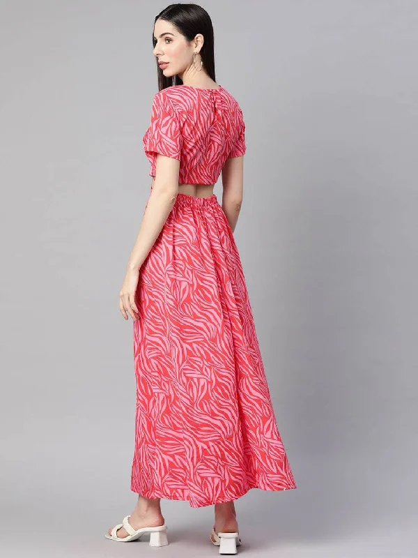 plusS Pink Printed Cut-Outs Maxi Dress