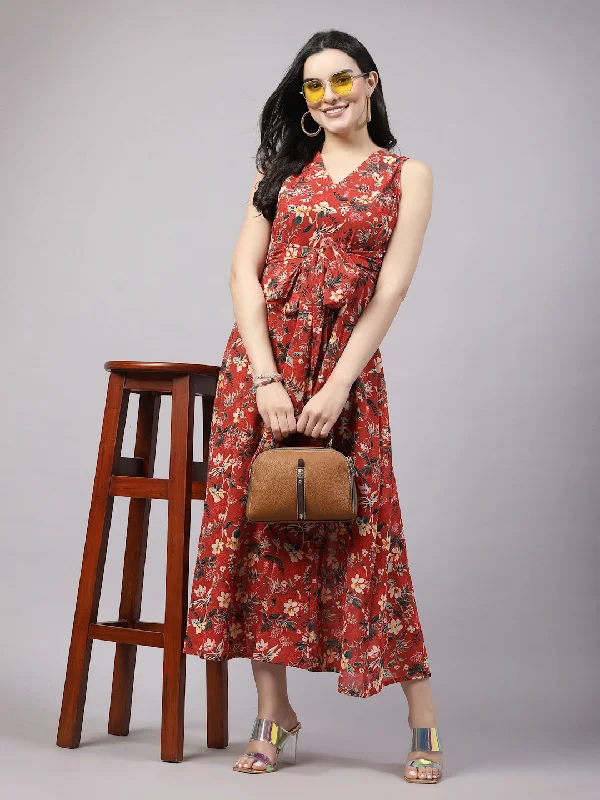 Red Floral Print Maxi Dress