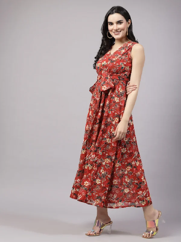 Red Floral Print Maxi Dress