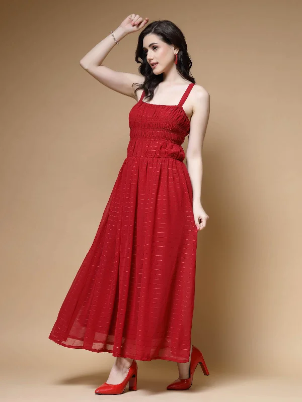 Red Striped Embellished Shoulder Straps Gathered  Tiered Detail Maxi Dress