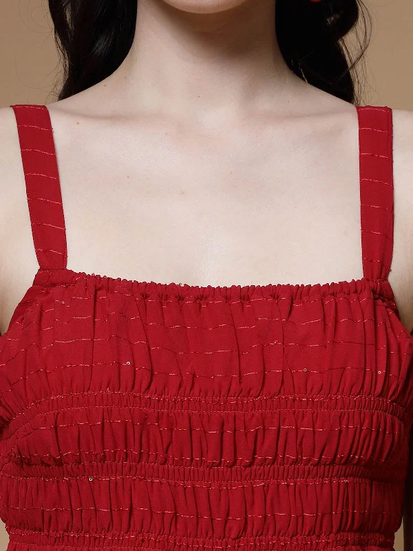 Red Striped Embellished Shoulder Straps Gathered  Tiered Detail Maxi Dress