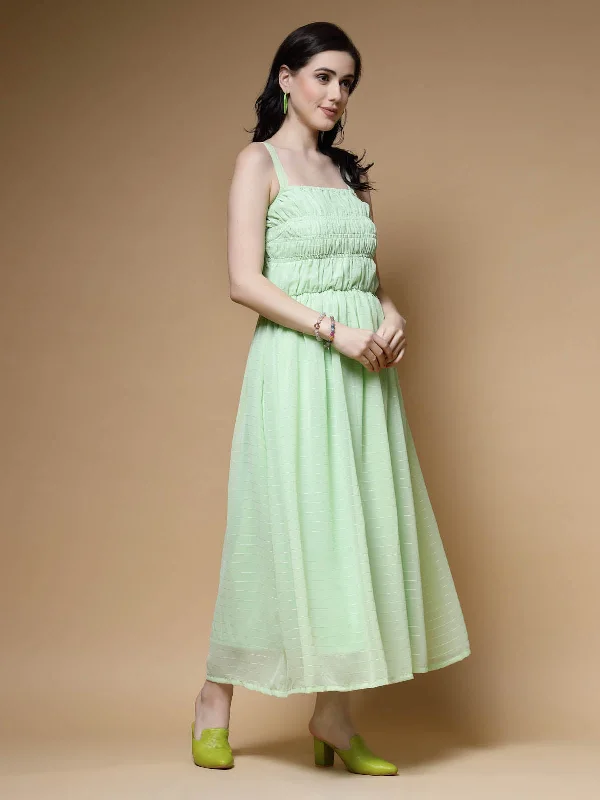 Sea Green Shoulder Straps Gathered Smocked Maxi Dress