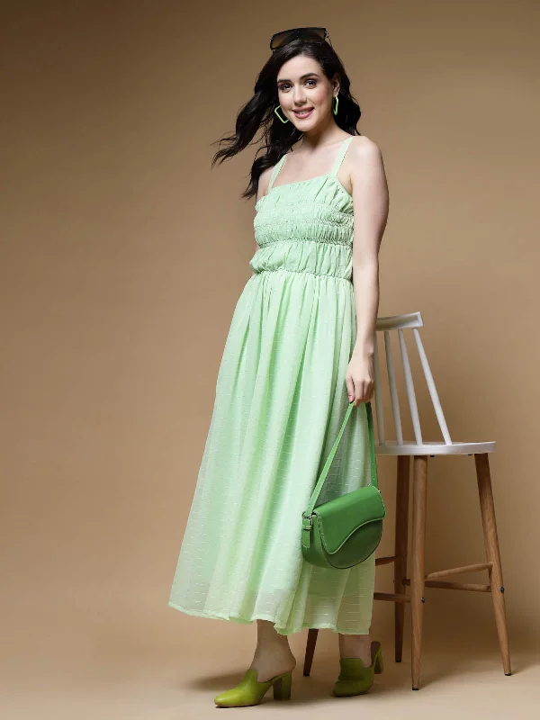 Sea Green Shoulder Straps Gathered Smocked Maxi Dress