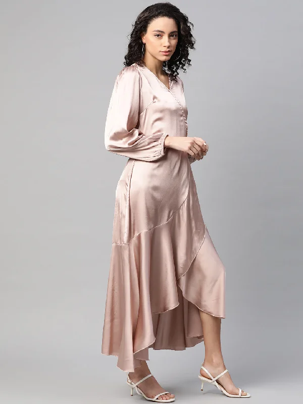 plusS Women Peach-Coloured Satin Finish Solid Maxi Wrap Dress