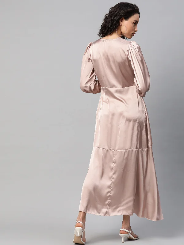 plusS Women Peach-Coloured Satin Finish Solid Maxi Wrap Dress