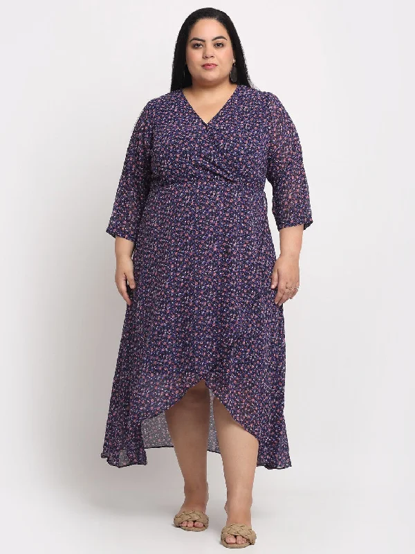 plusS Women Plus Size Navy Blue  Pink Floral Printed Wrap Tulip Hemline Maxi Dress