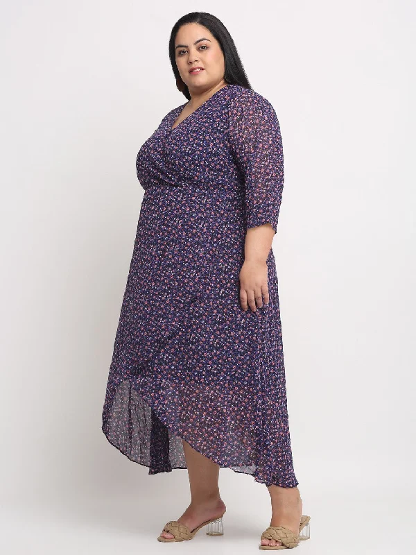 plusS Women Plus Size Navy Blue  Pink Floral Printed Wrap Tulip Hemline Maxi Dress