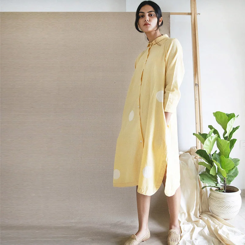 Pure Cotton Polka Dot Shirt Dress | Yellow