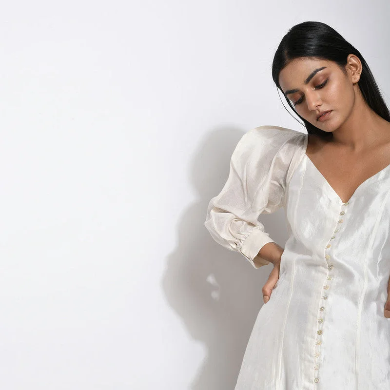 Pure Handwoven Silk White Button Down Panelled Dress