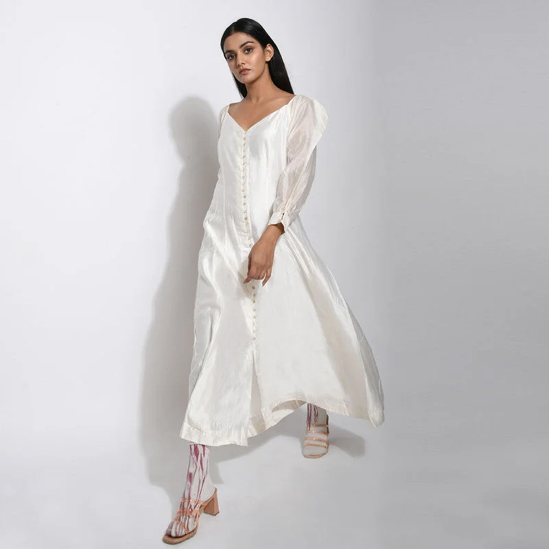 Pure Handwoven Silk White Button Down Panelled Dress