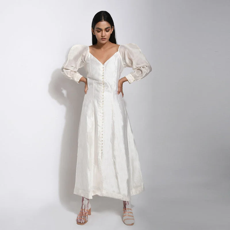 Pure Handwoven Silk White Button Down Panelled Dress