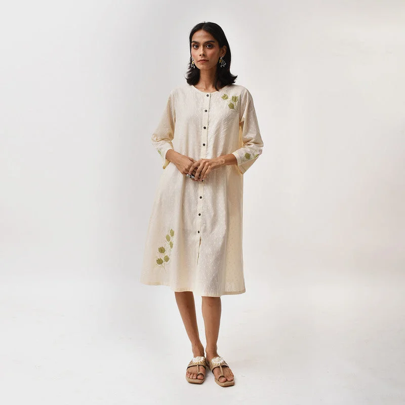 Cotton Shirt Dress for Women | Applique Embroidery | Off-White