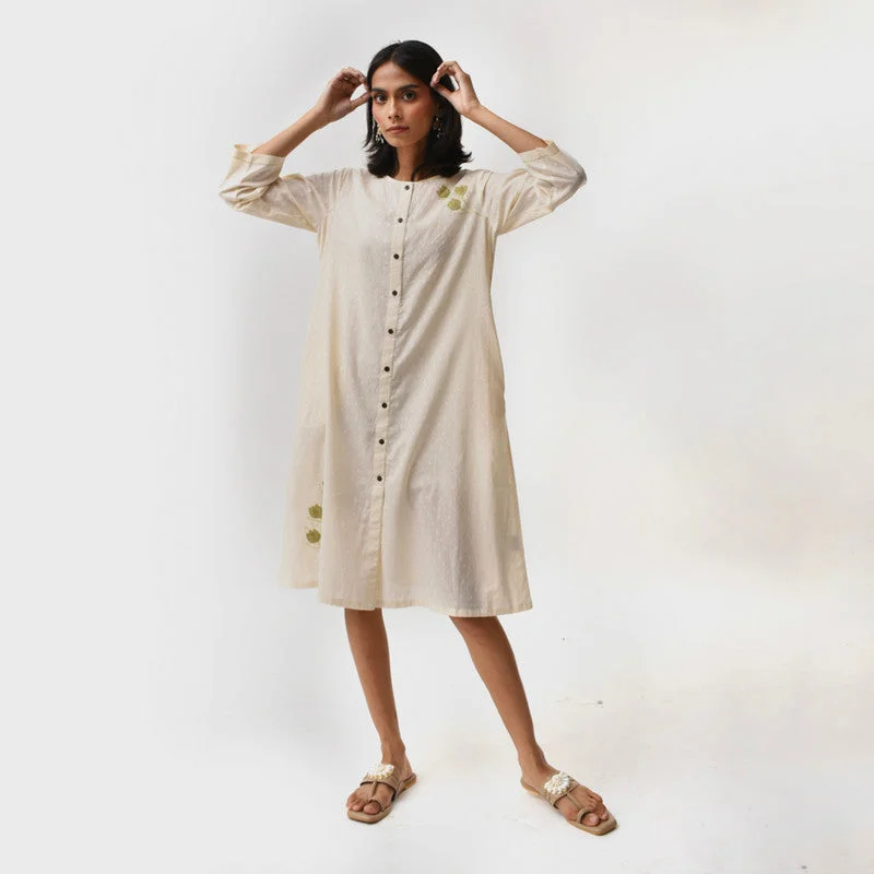 Cotton Shirt Dress for Women | Applique Embroidery | Off-White