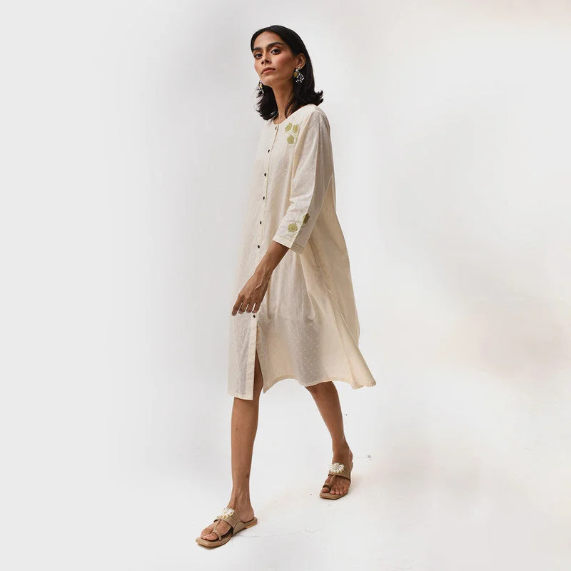 Cotton Shirt Dress for Women | Applique Embroidery | Off-White