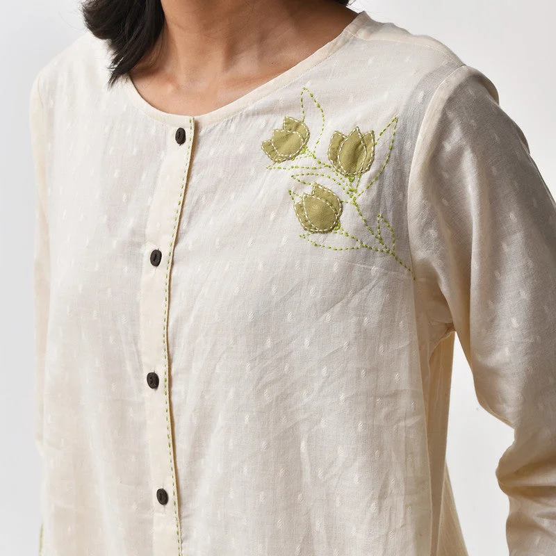 Cotton Shirt Dress for Women | Applique Embroidery | Off-White