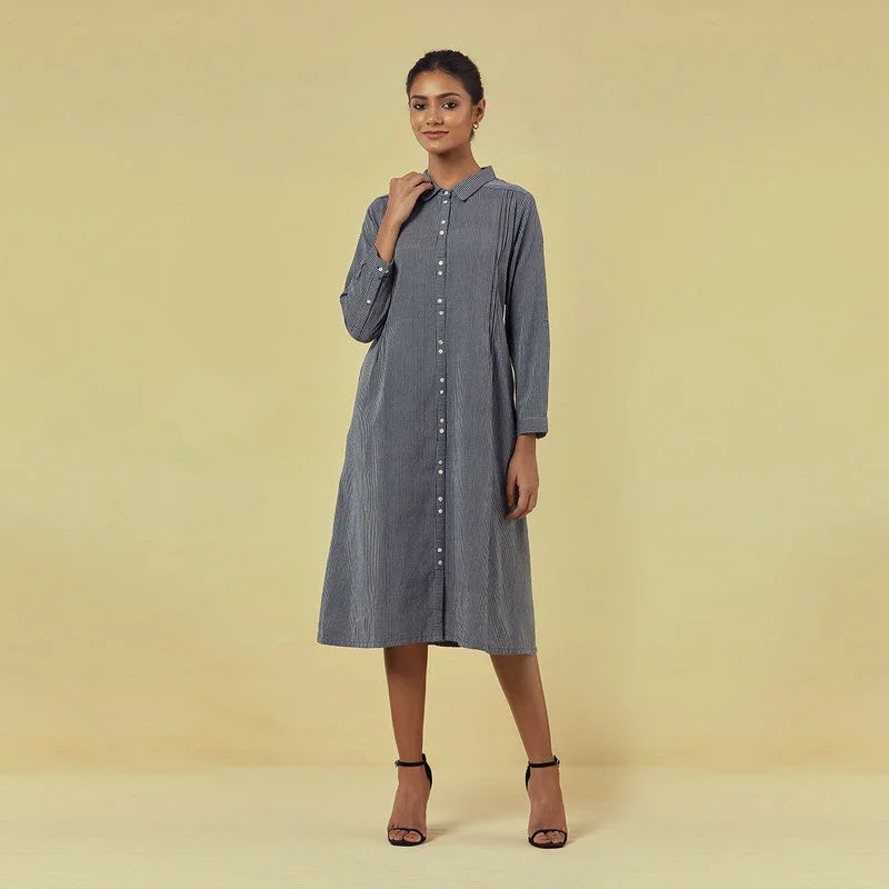 Pure Cotton Shirt Dress | Striped | Navy Blue