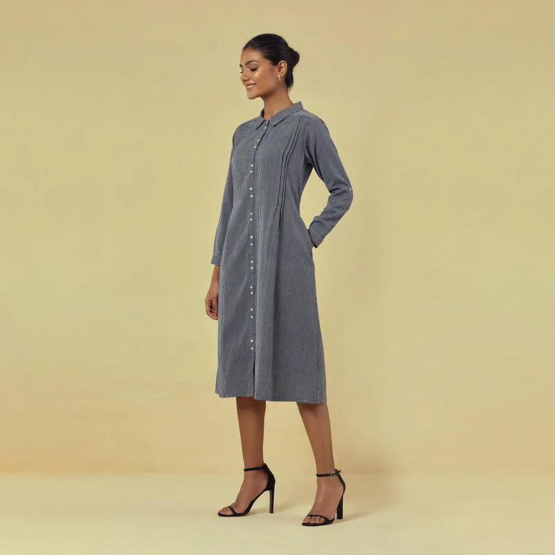 Pure Cotton Shirt Dress | Striped | Navy Blue