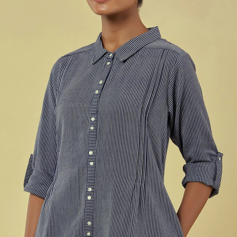 Pure Cotton Shirt Dress | Striped | Navy Blue