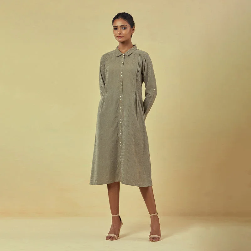 Pure Cotton Shirt Dress | Striped | Olive Green