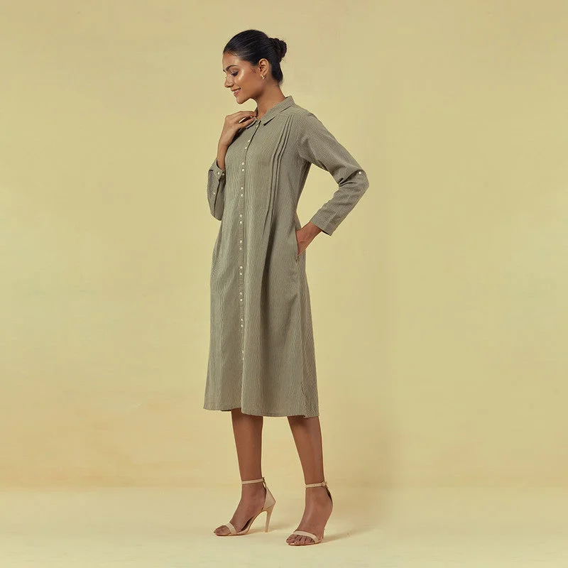 Pure Cotton Shirt Dress | Striped | Olive Green