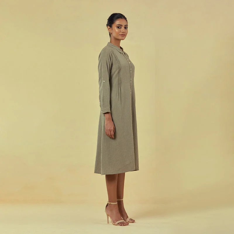 Pure Cotton Shirt Dress | Striped | Olive Green