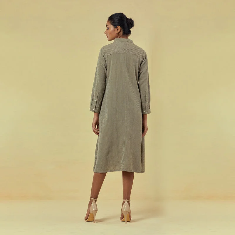 Pure Cotton Shirt Dress | Striped | Olive Green