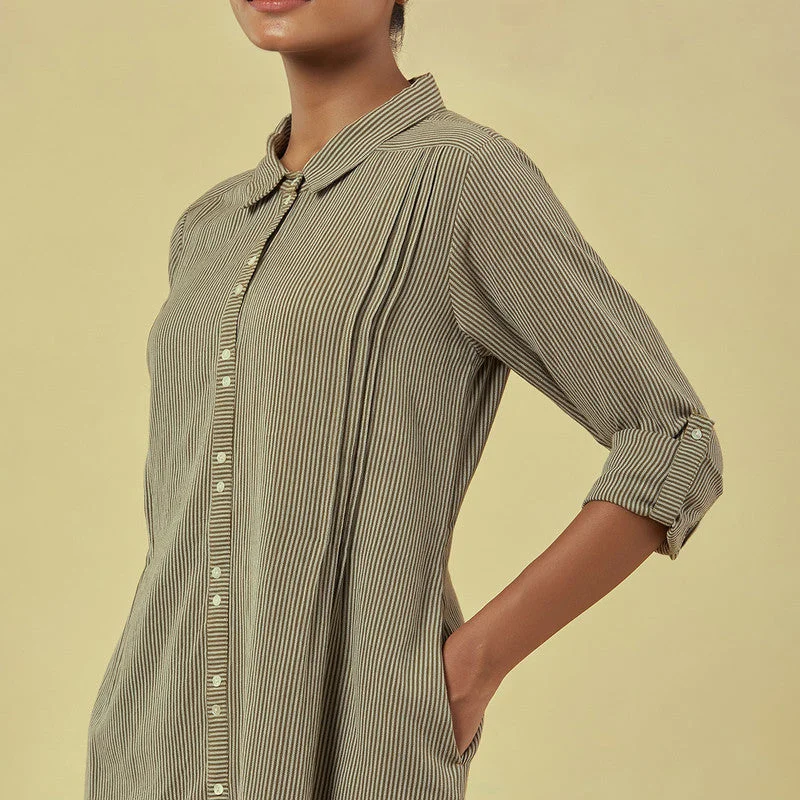 Pure Cotton Shirt Dress | Striped | Olive Green