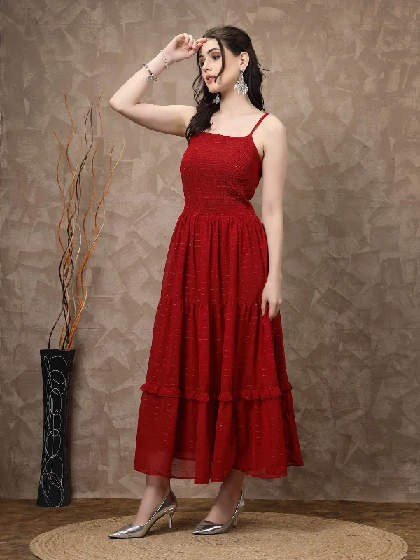 Red Striped Embellished Shoulder Straps Gathered & Tiered Detail Maxi Dress