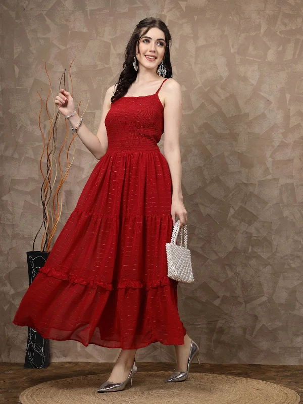 Red Striped Embellished Shoulder Straps Gathered & Tiered Detail Maxi Dress