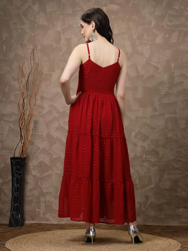 Red Striped Embellished Shoulder Straps Gathered & Tiered Detail Maxi Dress