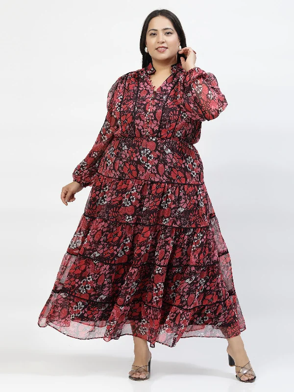 Red V Neck Puff Sleeves Floral Printed Maxi Dress