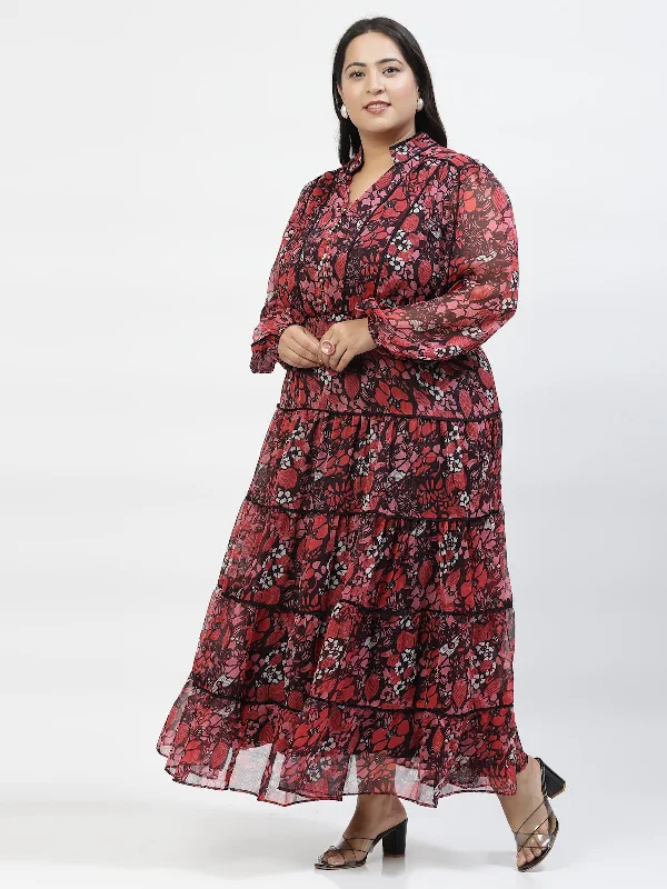 Red V Neck Puff Sleeves Floral Printed Maxi Dress