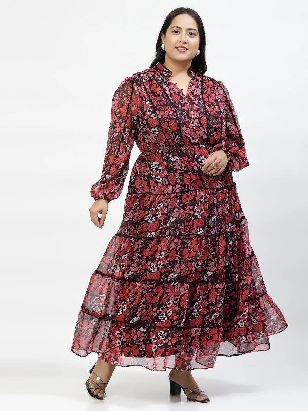 Red V Neck Puff Sleeves Floral Printed Maxi Dress