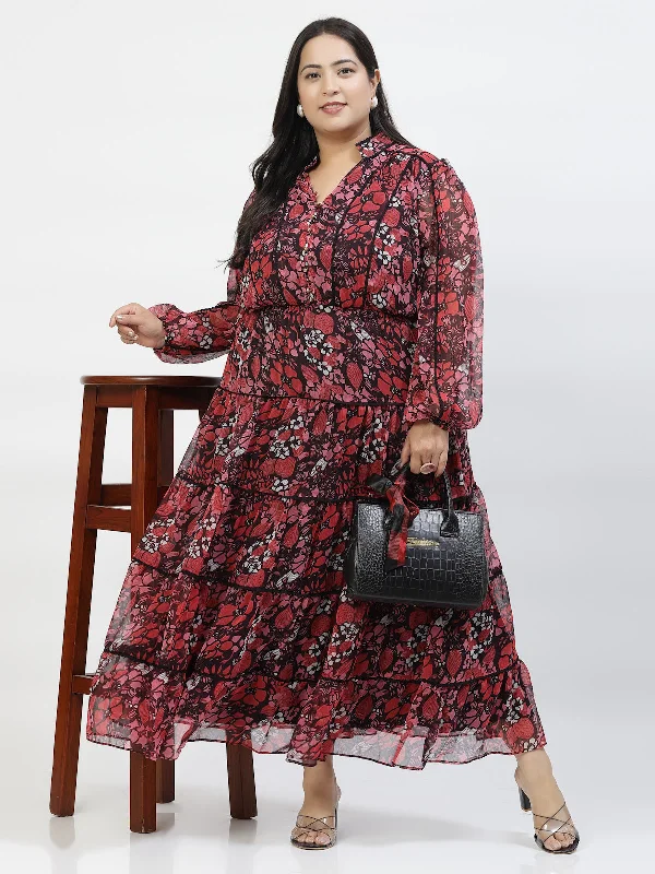 Red V Neck Puff Sleeves Floral Printed Maxi Dress