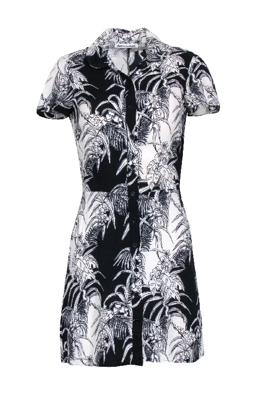 Reformation - Black & Ivory Print Short Sleeve Button Front Shirt Dress Sz 2