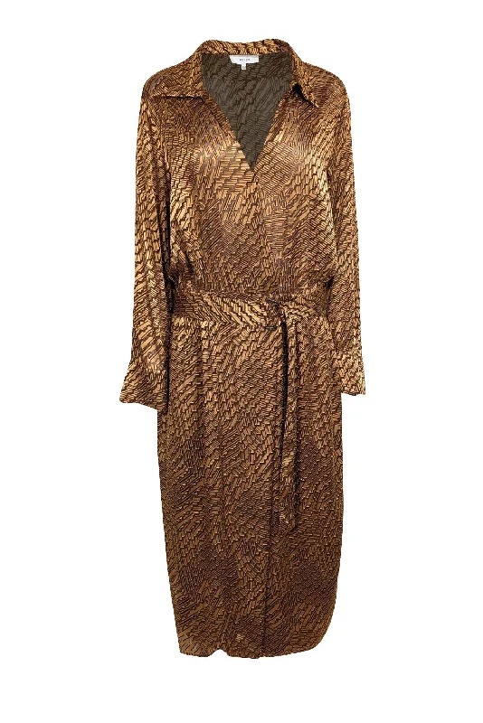 Reiss - Bronze & Brown Zig-Zag Print Belted Shirtdress Sz 12