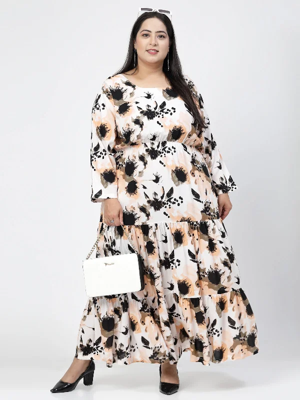 Round Neck Long Puff Sleeves Floral Print Maxi Plus Size Dress