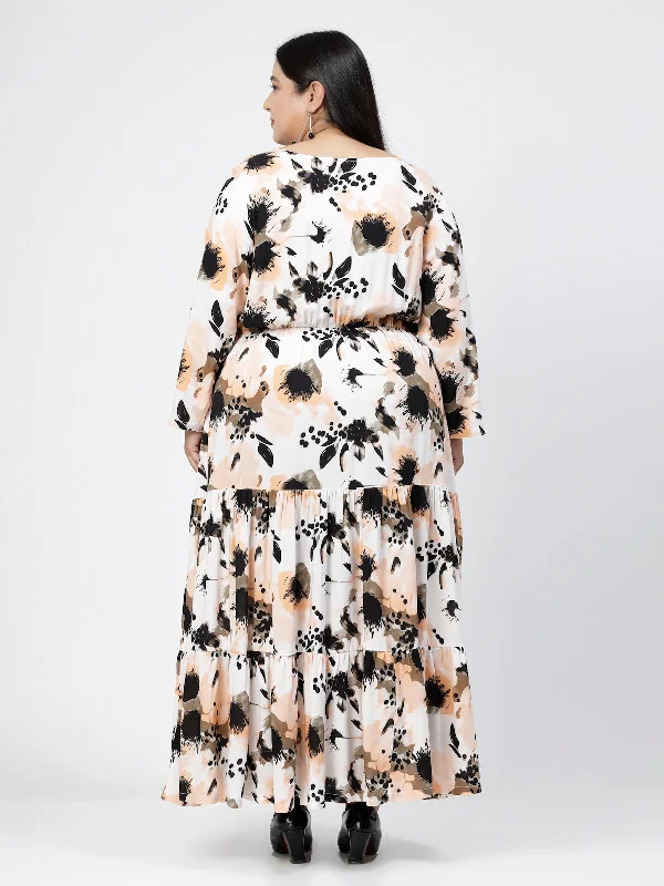 Round Neck Long Puff Sleeves Floral Print Maxi Plus Size Dress