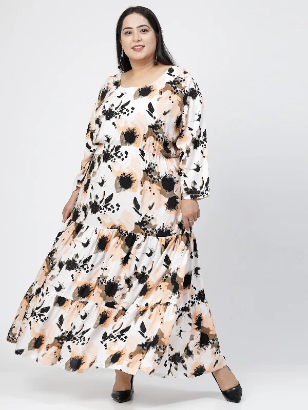 Round Neck Long Puff Sleeves Floral Print Maxi Plus Size Dress