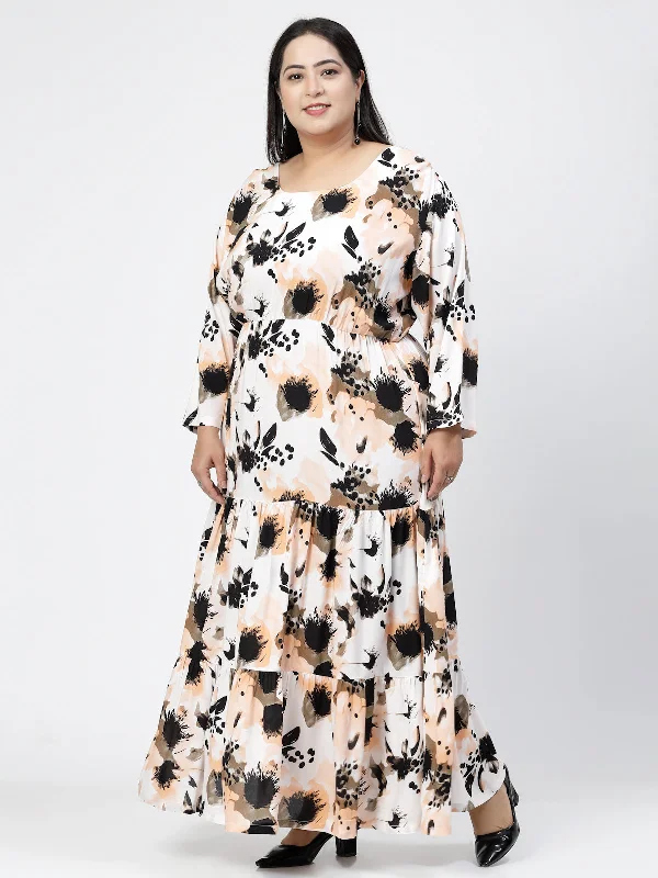 Round Neck Long Puff Sleeves Floral Print Maxi Plus Size Dress