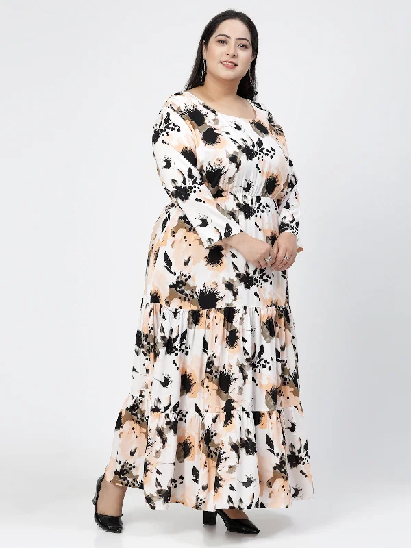 Round Neck Long Puff Sleeves Floral Print Maxi Plus Size Dress