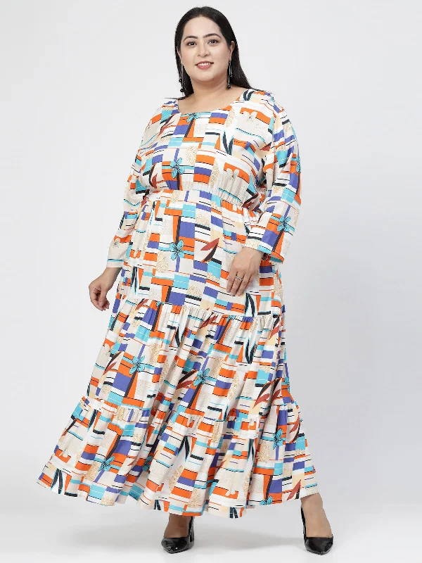 Round Neck Long Sleeves Geometric Print Maxi Plus Size Dress