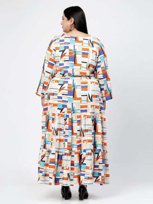 Round Neck Long Sleeves Geometric Print Maxi Plus Size Dress