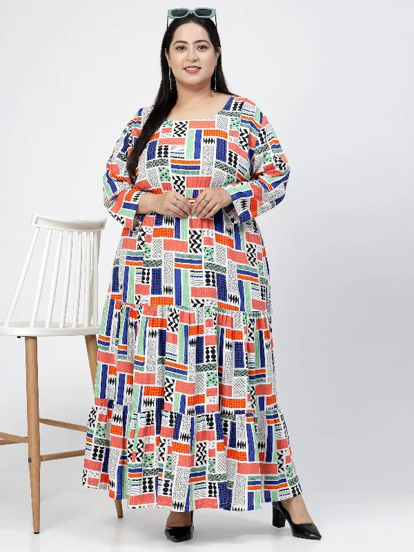 Round Neck Long Sleeves Geometric Print Maxi Plus Size Dress