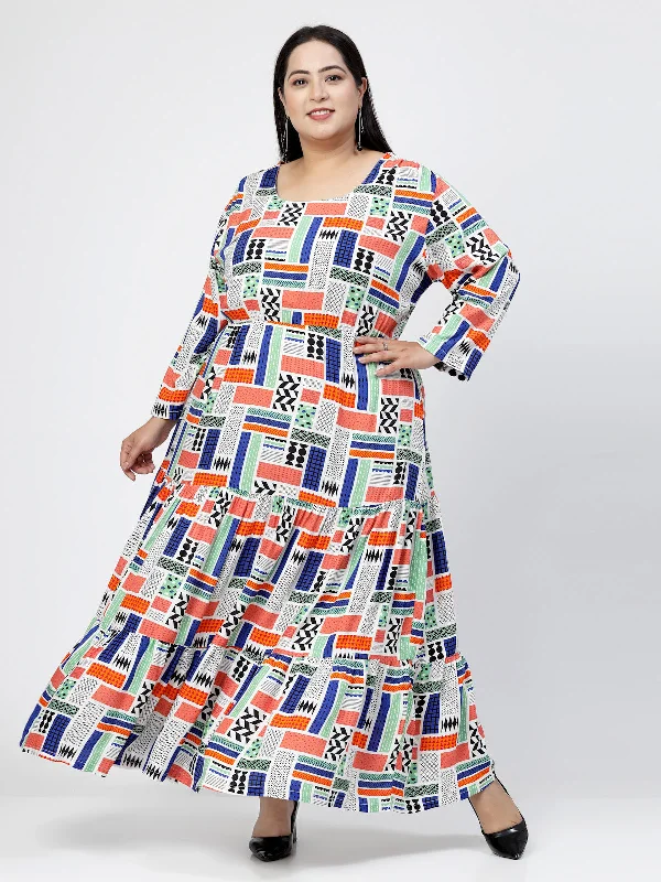 Round Neck Long Sleeves Geometric Print Maxi Plus Size Dress