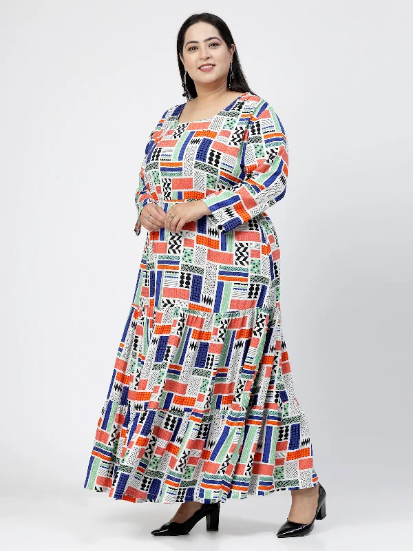 Round Neck Long Sleeves Geometric Print Maxi Plus Size Dress