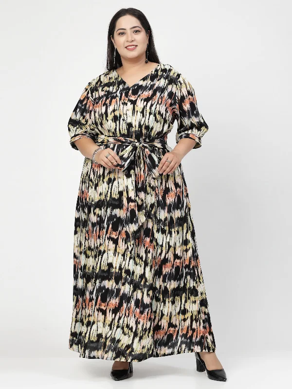 Round Neck Puff Sleeves Print Maxi Plus Size Dress